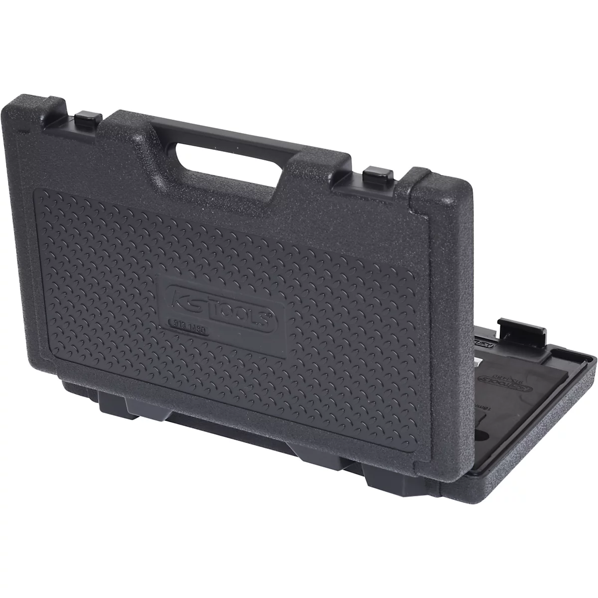 Schwarzer Werkzeugkoffer mit Griff und KSTOOLS Logo. Deckel geöffnet.